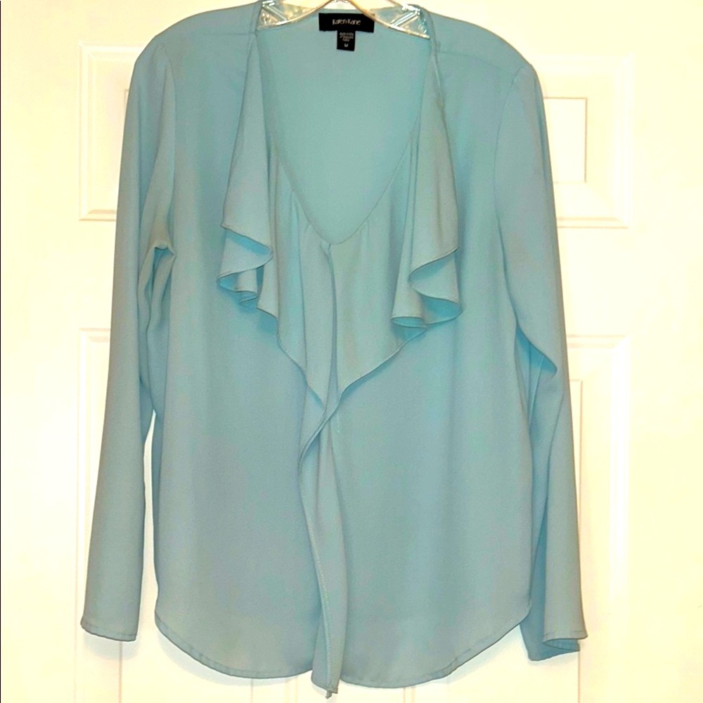 Karen Kane Ruffled LS V-Neck Blouse/Top M Blue/Green Feminine Ruffle Career